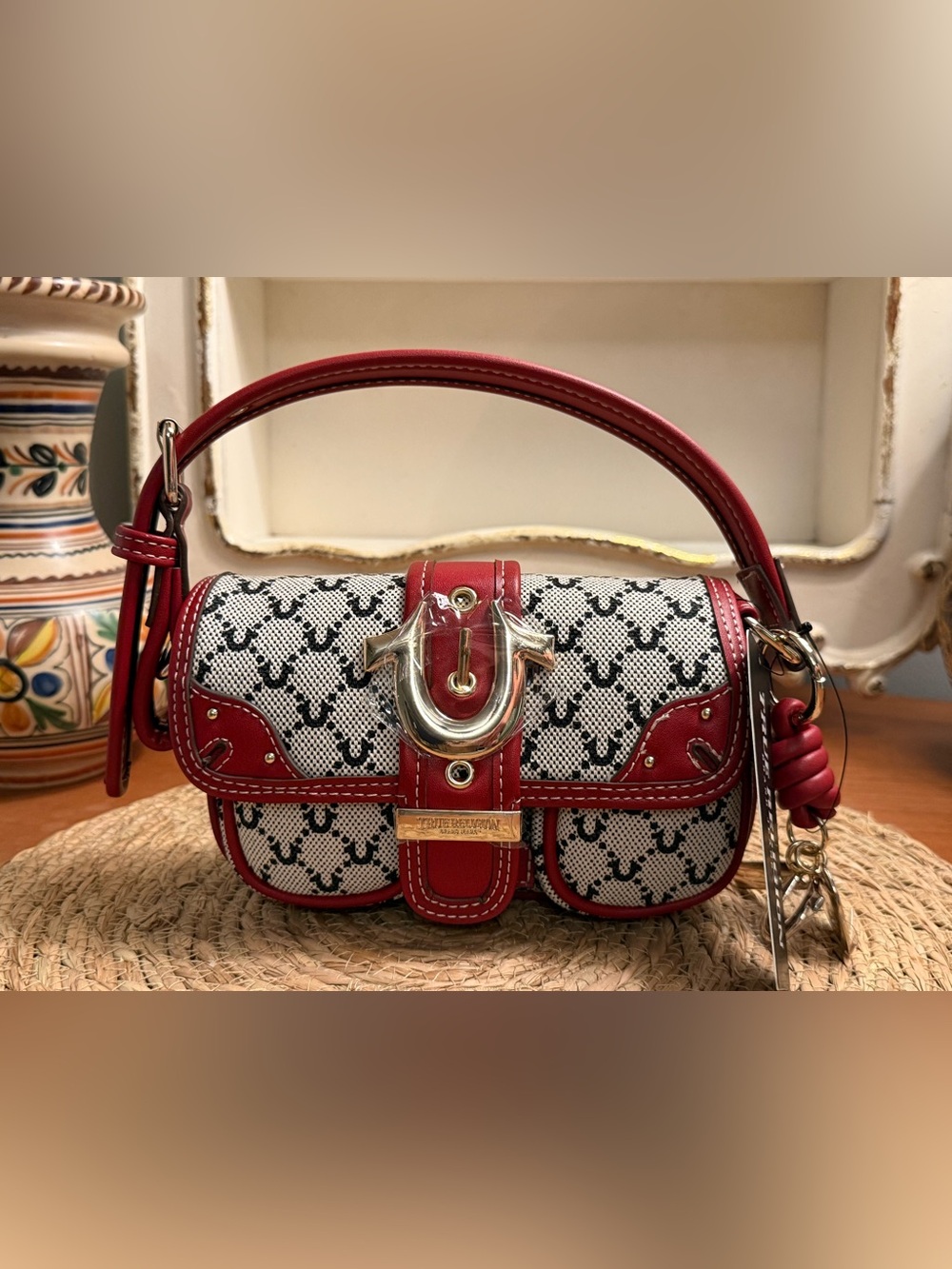 Rare True Religion Red Trim Monogram Shoulder Bag